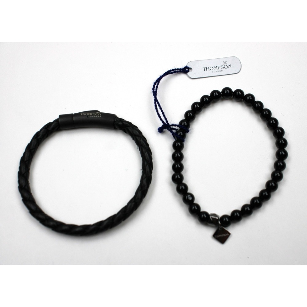 Thompson London Mens Black Agate Beaded Woven Leather Bracelet Set Stackable